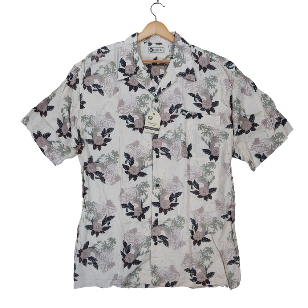 Bugle Boy Button Up Shirt Mens XL Beige New Tropical Floral Rayon Short Sleeve